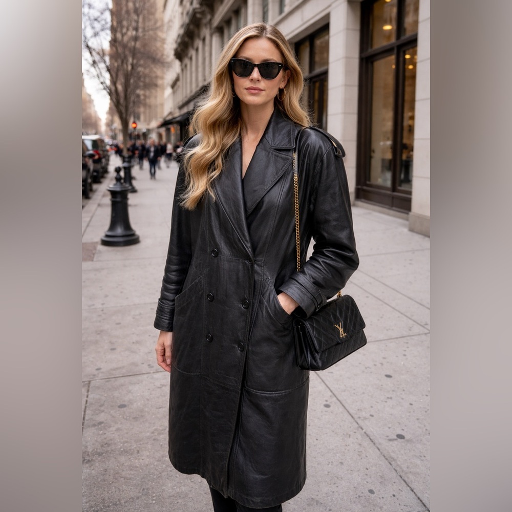 Vintage Tibor Black Leather Maxi Trench Coat – Double Breasted, Size M